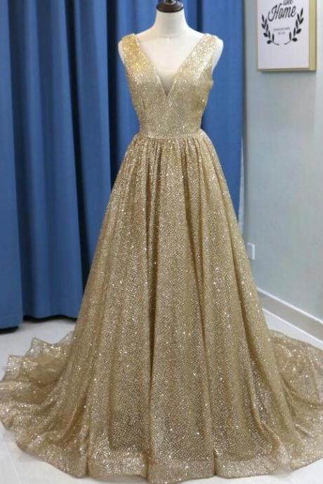 Shiny Champagne Gold Sequin Long Prom Dress A Line Arabic Dubai Formal Evening Dress V-neck Wedding Prom Gowns ,off Shoulder Party Gowns