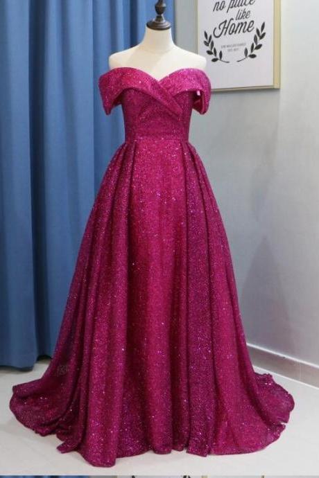 Bling Fuchsia Sequin Ball Gown Prom Dress Sweet 16 Long Prom Gowns Off Shoulder Arabic Dubai Evening Dress, Muslim Evening Gowns