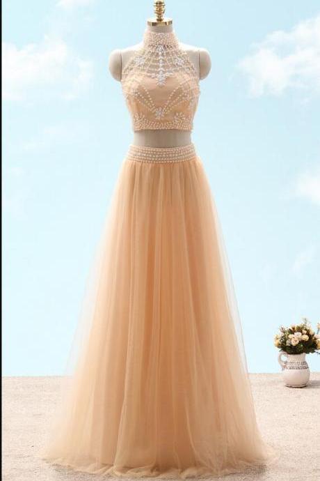 Vintage Champagne Tulle Two Pieces Beaded High Neck Long Prom Dress Fashion Formal Evening Party Gowns 