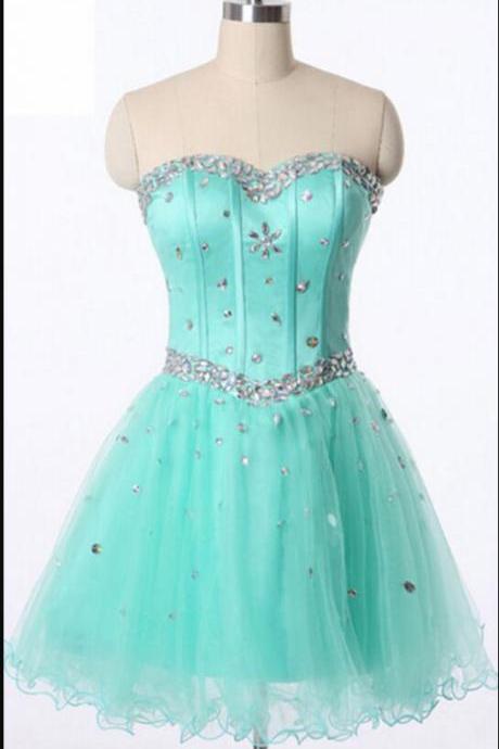 Light Green Tulle Sweet Beaded Homecoming Dress Short A Line Prom Party Gowns 