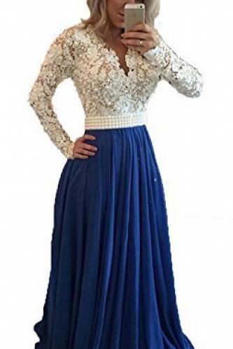 Long Lace Sleeve Formal Prom Dress Beaded V-neck Blue Chiffon Evening Gowns ,formal Party Gowns