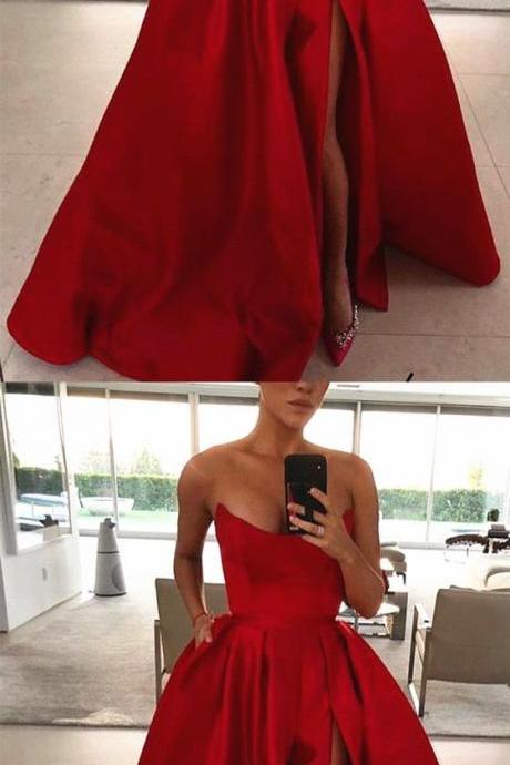 Off Shoulder Side Split Long Prom Dress Ball Gown Fashion Crew-neck Women Pricess Evening Party Gowns , Plus Size Satin Formal Party Gowns