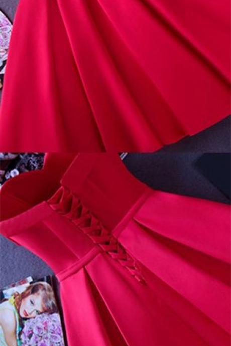 Sweet 16 Prom Dress Short Fashion Red Satin Mini Homecoming Party Dress , Lace up Cocktail Dress Short 