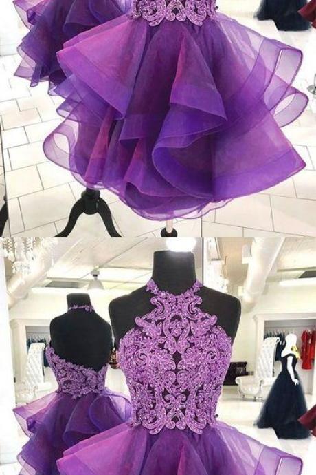 Sexy Halter Lace Purple Tulle A Line Short Homecoming Dress, Homecoming Dresses, Sexy Backless Homecoming Gowns