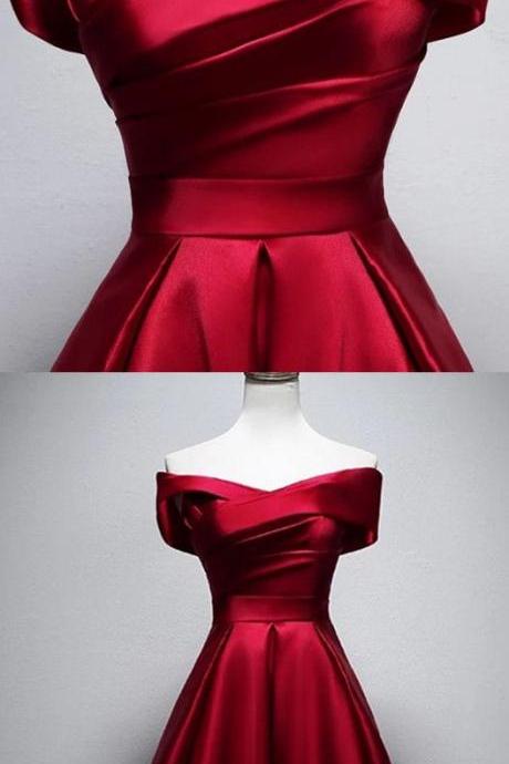Sexy Tea Length Sweet Red Satin Prom Dress Off Shoulder Short Homecoming Party Gowns Ruffle Women Gowns