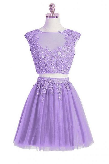 Sexy Two Pieces Lavender Lace Short Homecoming Dress, Short Prom Dress, Off Shoulder Cocktail Party Gowns Short
