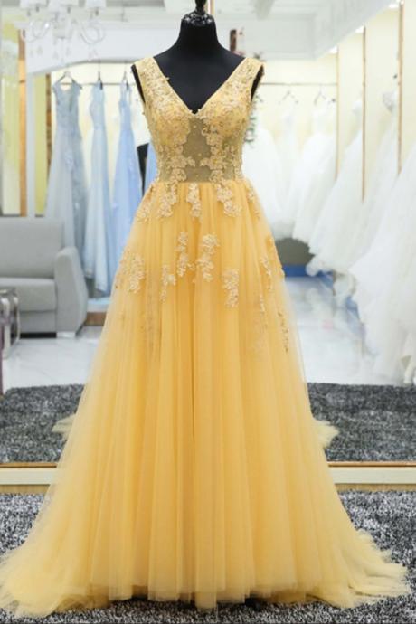 Yellow Beaded Off The Shoulder Prom Dress V-neck Tulle Women Prom Gowns Custom Made Evening Party Gowns 2019