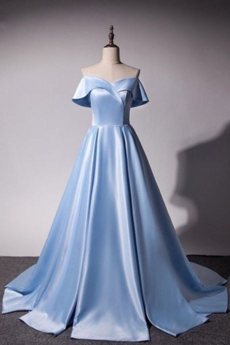 Women Prom Dresses Floor Length Sky Blue Satin Long Evening Dress Plus Size Prom Gowns .strapless Prom Gowns