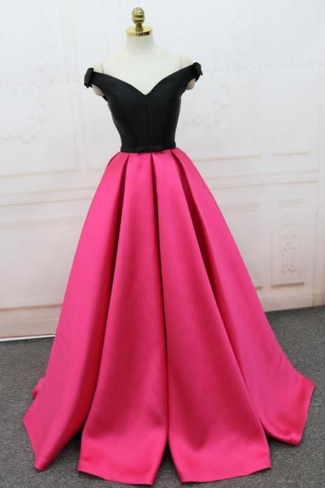 Black And Fuchsia Satin V-neck Ruffle Women Prom Dresses Off Shoulder Prom Party Gowns