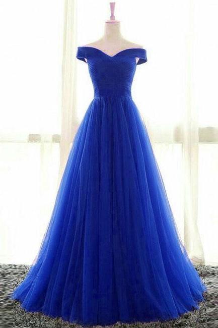 Floor Length Roal Blue Tulle Women Evening Dress A Line Long Prom Dress, Prom Gowns ,off Shoulder Women Gowns