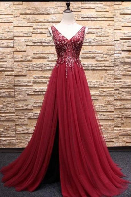 Sexy V-neck Prom Dress, Beaded Prom Gowns , Off Shoulder Women Evening Dress, Plus Size Wedding Prom Gowns