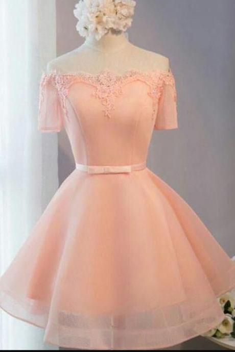 Short Sleeve Pink Tulle Homecoming Dress Ball Gowns Lace Prom Dress Mini Above Length Party Gowns