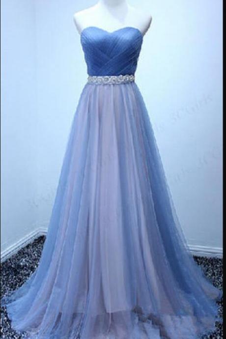Blue Tulle Pleated Off Shoulder Long Prom Dress,sexy Beaded Prom Dresses, Fashion Women Dress, Women Pageant Dress