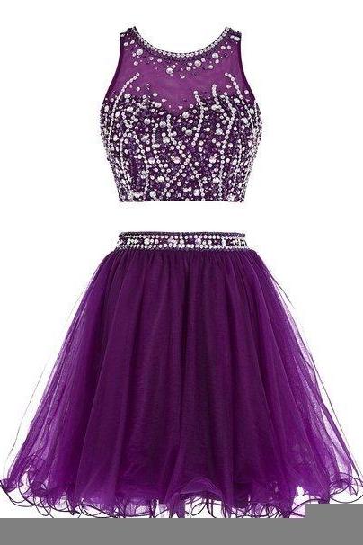 Two Pieces Crystal Beaded Purple Tulle Homecoming Dress Short , Mini Prom Dress,women Party Dress