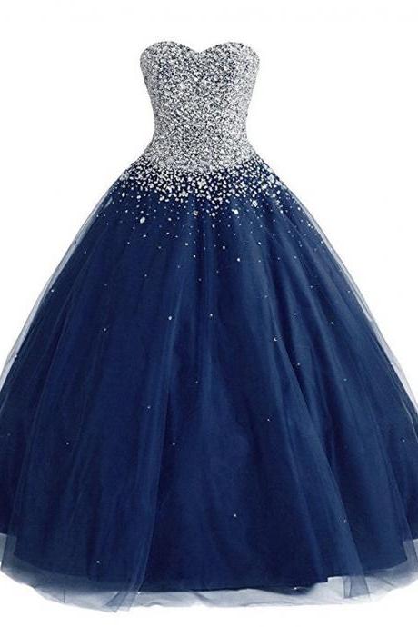 Luxury Beaded Sweet 16 Prom Dress, Off The Shoulder Navy Blue Tulle Women Prom Gowns , Formal Prom Dresses ,sexy Ball Gown Quinceanera Dress