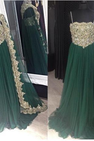 Dark Green Tulle Women Prom Dress Muslim Gold Lace Long Prom Dresses Formal Wedding Party Gowns