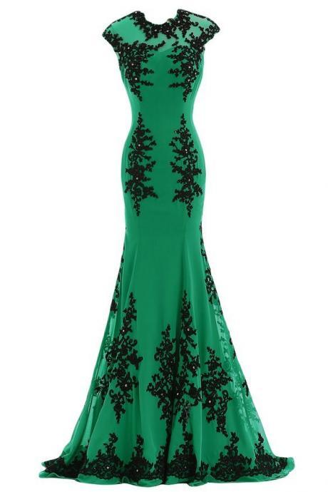 Women Green Chiffon Black Lace Aqppined Mermaid Prom Dress Sexy O-neck Women Evening Party Gowns ,