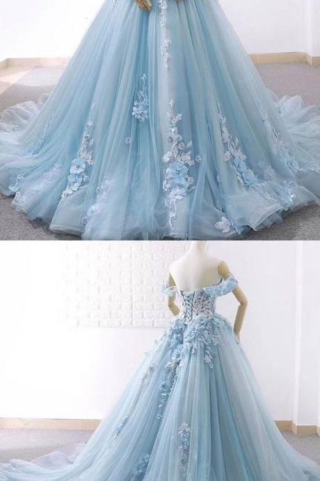 Light Blue Tulle Ball Gown Wedding Dress 2019 With Lace Bohemian Bridal Dresses