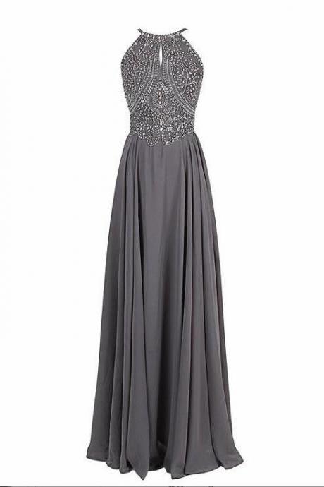 New Arrival Halter Chiffon Long Prom Dress, Sexy A Line Beaded Gray Prom Gowns ,Cheap Women Dress 