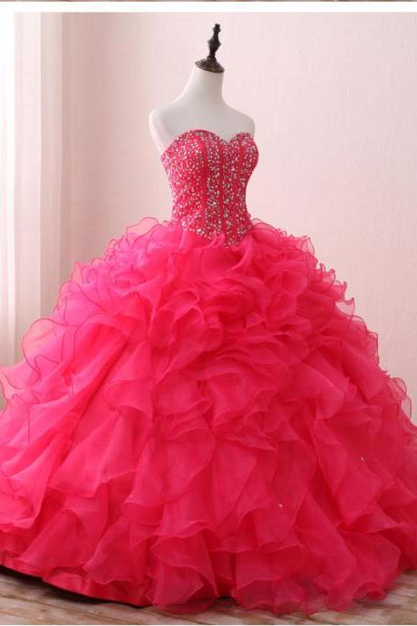 Off The Shoulder Fuchsia Beaded Organza Quinceanera Dress, Sweet 16 Prom Dress, 15 Quinceanera Dress, Ball Gowns Women Dresses, Pricess