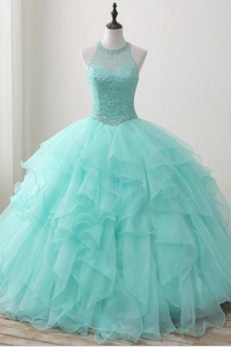 High Neck Beaded Long Prom Dress.,sheer Backless Pricess Quinceanera Dress, Ball Gowns 15 Quinceanera Gowns .