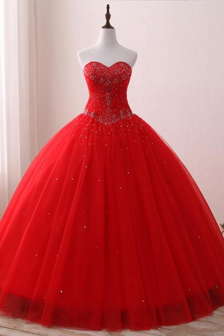 Luxury Red Beaded Corset Sweet 16 Prom Dress, Sexy Ball Gowns Prom Debutante Gowns Vestido De 15 Anos Quinceanera Gowns