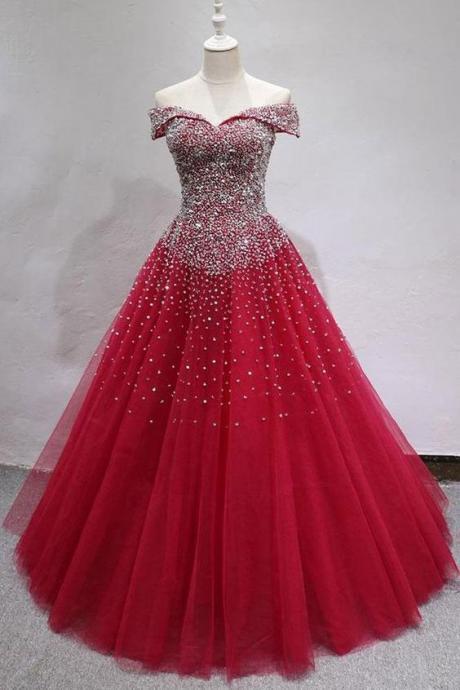 Luxury Beaded Crystal Ball Gown Quinceanera Dresses Custom Made Burgundy Tulle Formal Prom Dress For Weddings