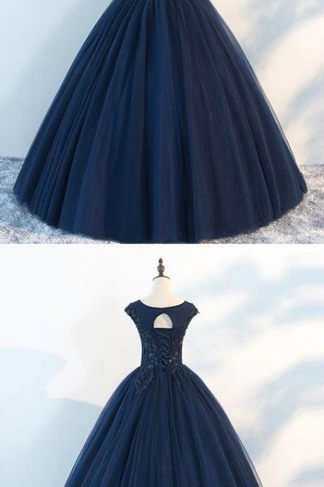 A Line Dark Blue Tulle Scoop Neck Long Prom Dress, Sexy Backless Formal Evening Gowns .wedding Party Gowns