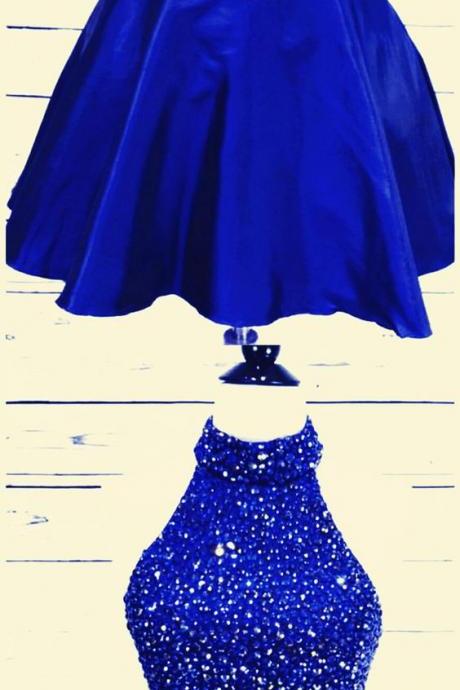 Shiny Beaded Royal Blue Homecoming Dress, Sexy Halter Short Prom Dress, Fashion Women Cocktail Party Gowns