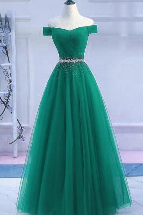 Fashion Sexy Off The Shoulder Green Tulle Beaded Prom Dress, Sleeveless Women Evening Gowns , A Line Wedding Party Gowns
