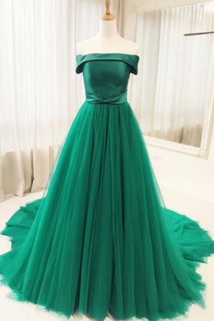 Elegant Green Tulle Off The Shoulder Long Prom Dress,plus Size Scoop Neck Women Prom Gowns ,
