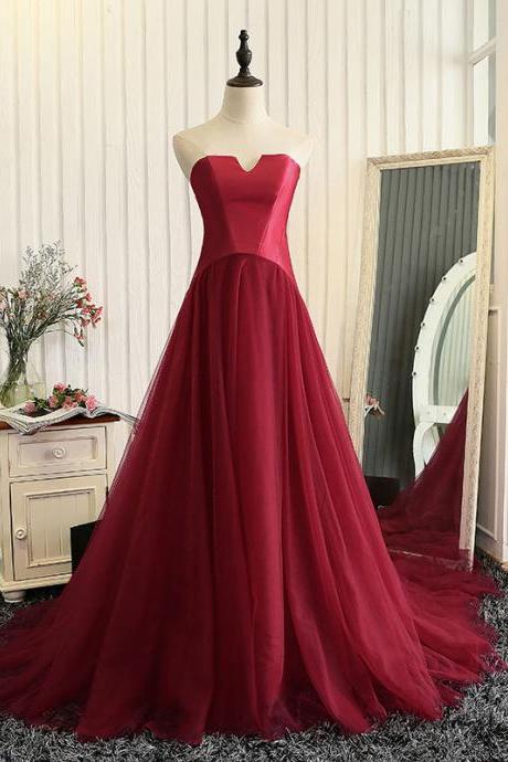 Burgundy Tulle A Line Strapless Long Prom Dress 2019, Sexy Formal Evening Party Dress, Women Summer Prom Gowns Plus Size