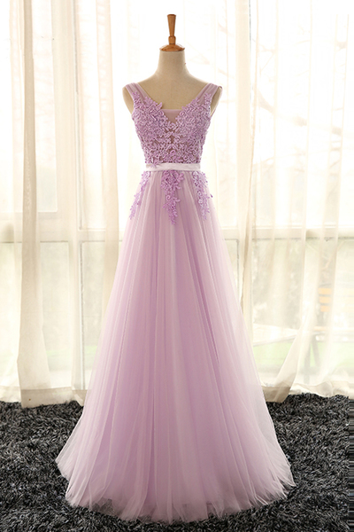 A Line Light Lavender Tulle Lace Prom Dress V-Neck Appliqued Prom Gowns Floor Length Wedding Party Gowns 