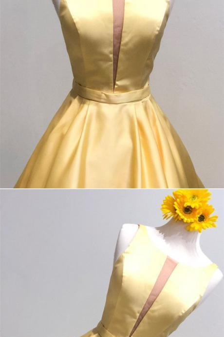 Stunning Yellow Satin Short Cocktail Party Dress ,yellow Satin Short Homecoming Dress, Junior Party Gowns .