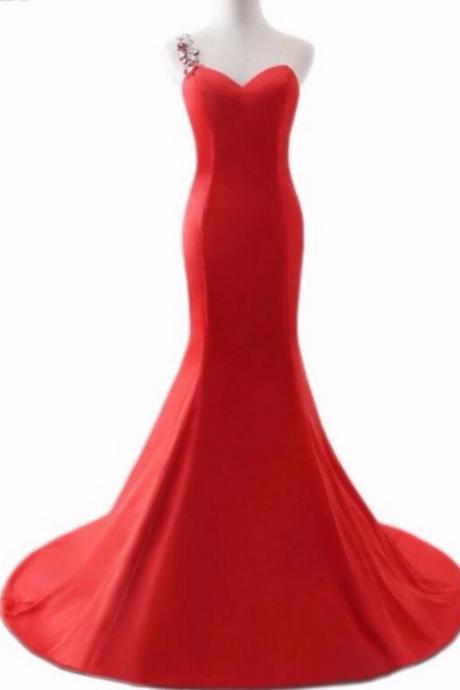Elegant One Shoulder Red Satin Long Prom Dress, Sweet 16 Prom Gowns , Mermaid Evening Dress beaded , Formal Women Dress 