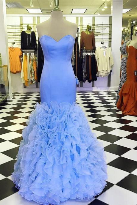 Fashion Light Blue Mermaid Prom Dress Skirts Tiers Sweet 16 Prom Gowns 2019, Mermaid Evening Party Dress
