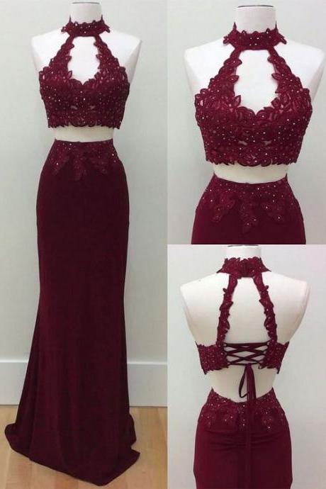 Two Pieces High Neck Lace Prom Dress Burgundy Chiffon Women Party Dresses Plus Size Pageant Gowns