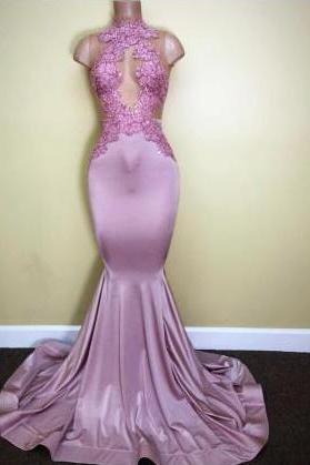 Purple High Neck Long Prom Dress Mermaid Women Party Gowns , Sexy Long Prom Gowns