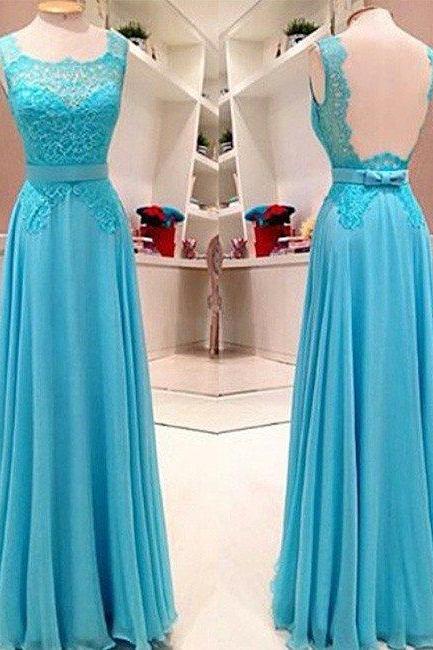 Fashion Sexy Back Open Blue Lace Prom Dress A Line Women Prom Gowns Floor Length Formal Prom Dresses 