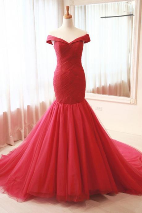 Red Tulle Ruched Mermaid Prom Dress , Off The Shoulder Prom Gowns , Sweet 16 Prom Gowns
