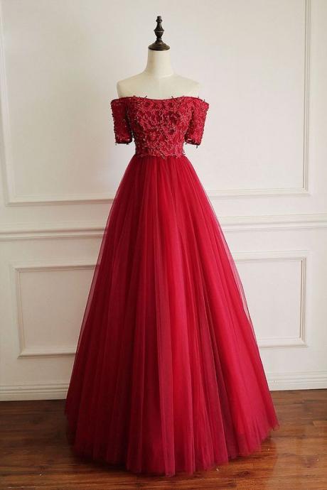 Fashion Burgundy Tulle Long Prom Dress With Short Sleeve , Burgundy Tulle Formal Evening Party Dresses