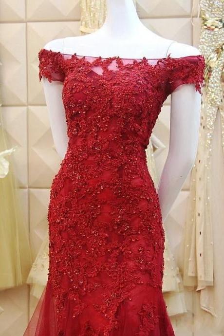 Sexy Burgundy Lace Mermaid Prom Dress, Fashion Women Party Dress For Prom , Sexy Custom Made Appliqued Prom Party Gowns