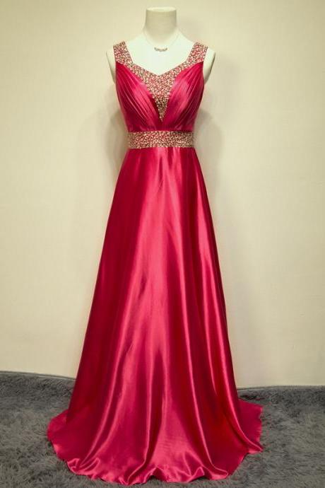 Red Satin Long Prom Dress Betau Neck Beaded Prom Dresses Off Shoulder Women Pageant Dress, A Line Evening Dress