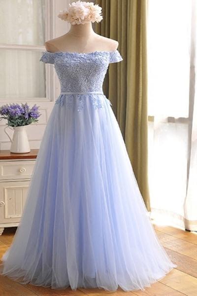 Light Sky Blue Lace Prom Dress Floor Length Women Prom Party Gowns , A Line Tulle Prom Dresses , Long Bridesmaid Dress