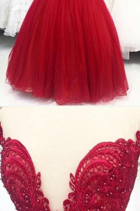 New Arrival Red Lace Prom Dress Ball Gown Quinceanera Dress 2019 Sheer Neck Women Wedding Party Dress ,Sexy Beaded Prom Gowns 
