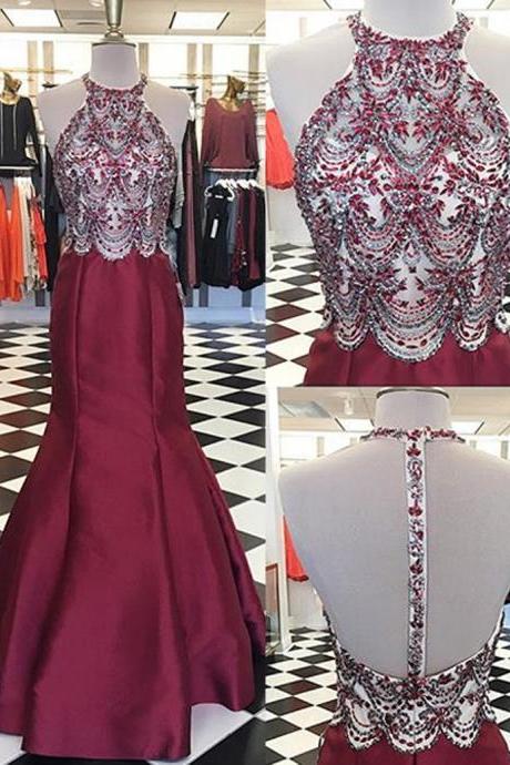 Luxury Beaded Crystal Burgundy Satin Mermaid Prom Dress , Sexy Long Prom Gowns ,Formal Evening Party Gowns 