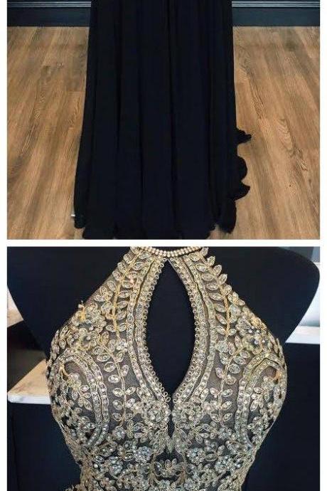 Custom Made Black Chiffon Long Prom Dress With Gold Lace Prom Party Gowns ,plus Size Formal Evening Dress
