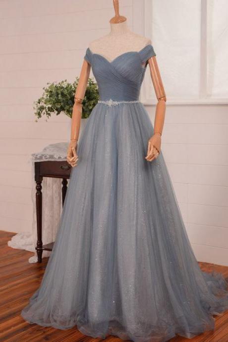 Fashion Grey Tulle Long Evening Dresss, Off the shoulder Women Party Dress, Long Prom Dresses 