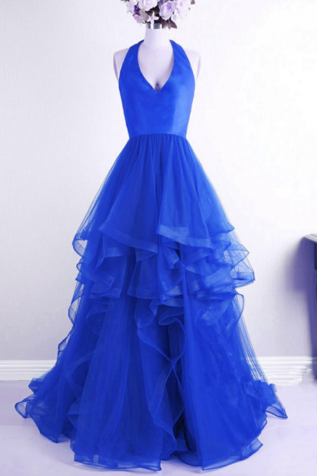 Royal Blue Organza Skirts Tiers Long Prom Dress 2019 Custom Made Prom Gowns , Prom Gowns , Formal Evening Dress