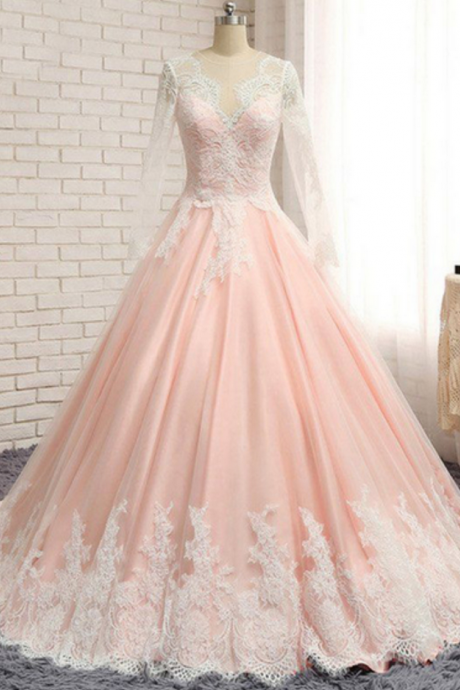 Sexy Ball Gown Blush Pink Lace Prom Dress With Long Sleeve Fashion Women Evening Dress For Quinceanera Dress